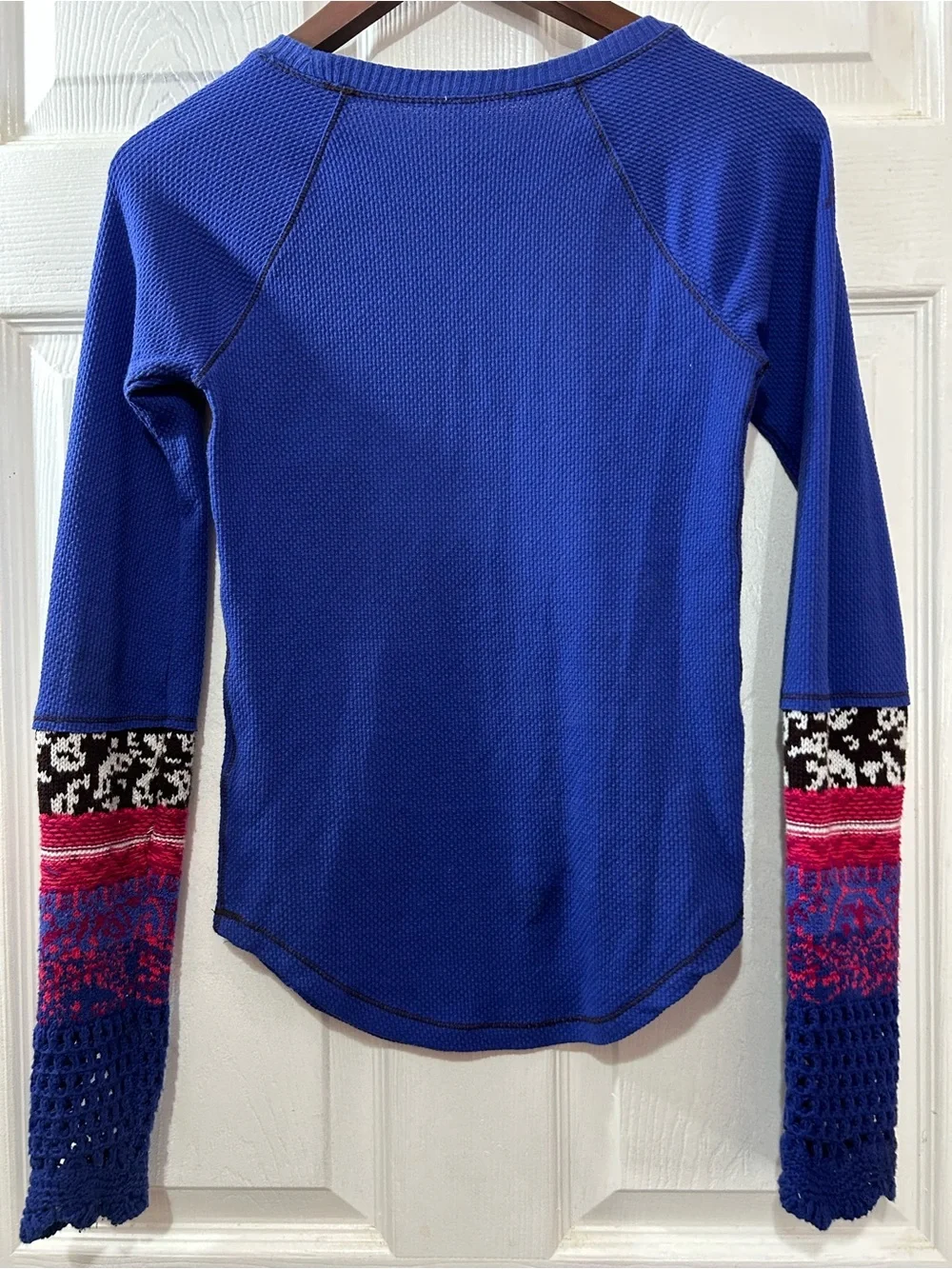 Free People Blue Waffle Knit Thermal Top XS Crochet Fair Isle Cuff